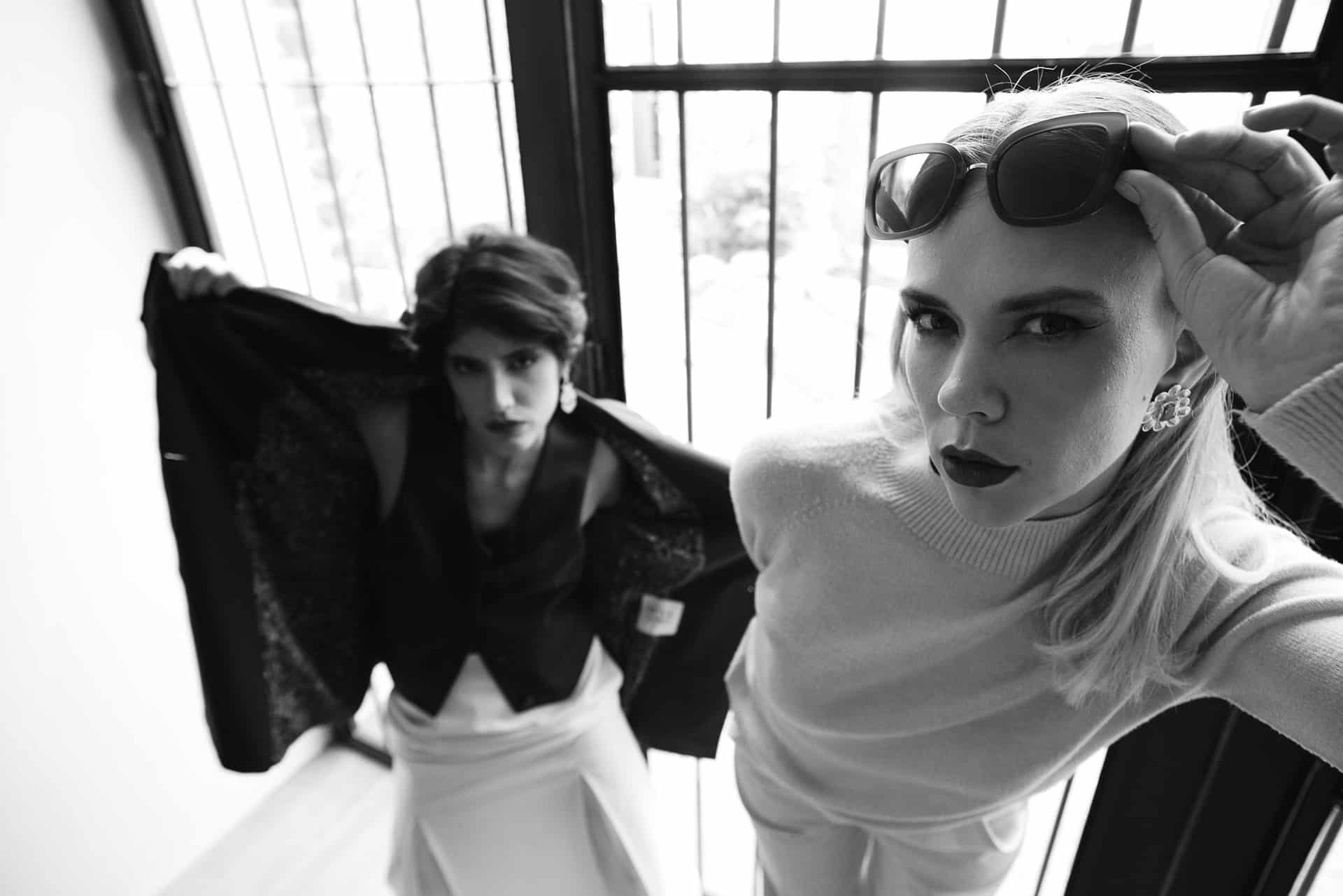 Two women in bold fashion by Nena Cavalieri, Florence studio