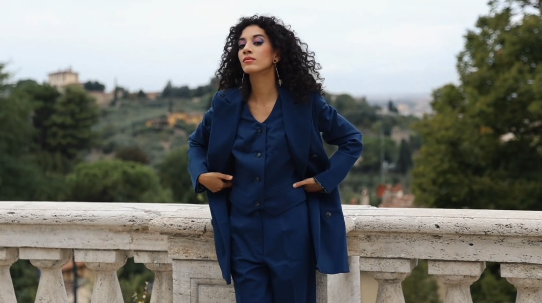 Model in navy suit by Nena Cavalieri, Florence